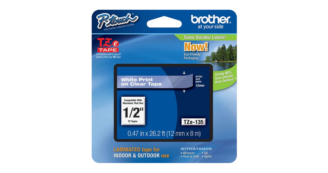 ETIQUETA BROTHER TZE135 BLANCO SOBRE ETIQUETAS TRANSPARENTE PTD210,PTD220,PTP300, PTH110 ANCHO 12 M