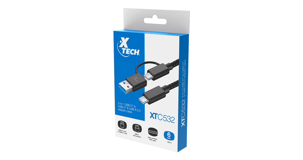 CABLE XTECH USB-C MACHO A USB-C MACHO CON DONGLE USB-A 2.0 - 1.8 METROS - 2