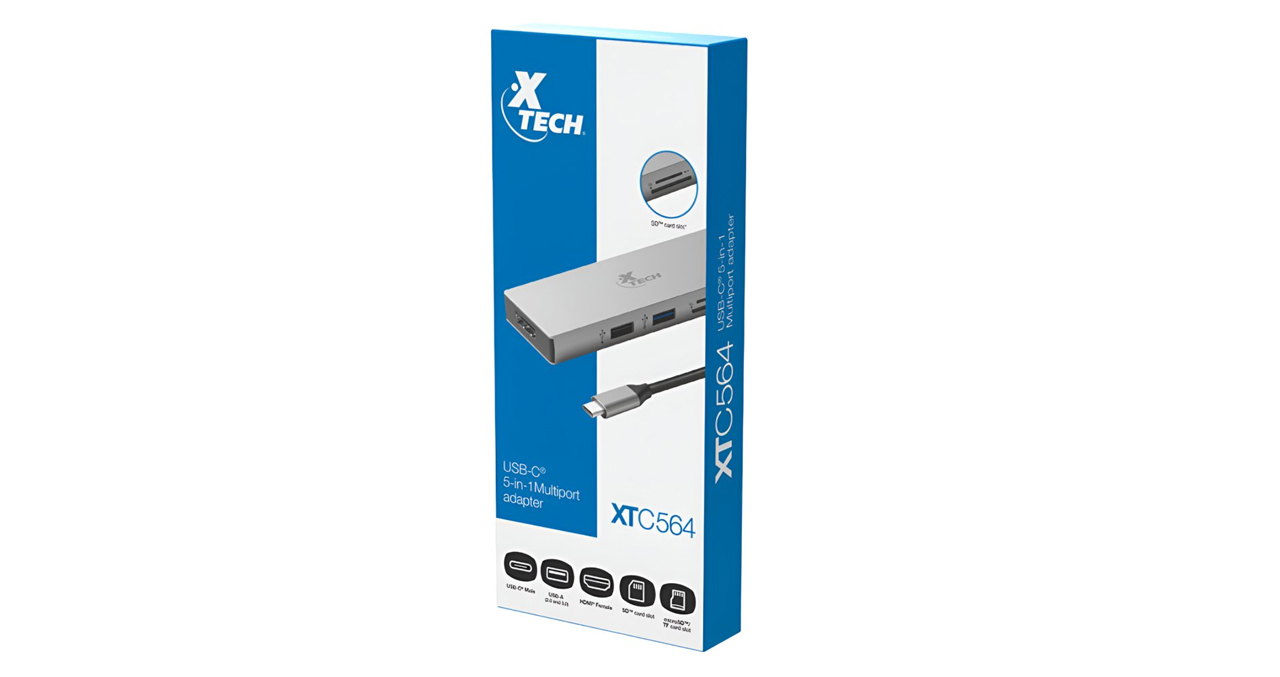 ADAPTADOR XTECH MULTIPUERTO 5 EN 1 CON CONEXION USB-C - 17cm - 2
