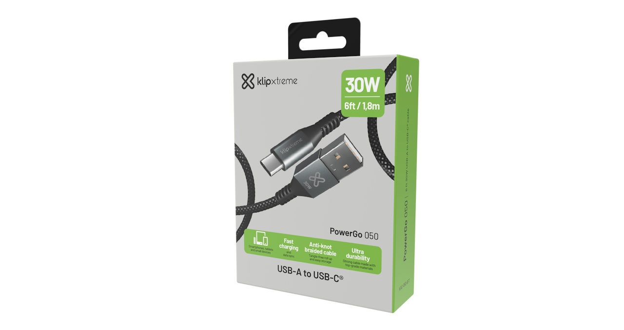 CABLE KLIP XTREME USB-A MACHO a USB-C MACHO 6 PIES (1.8m) CARGA RAPIDA 30W 480 MBPS