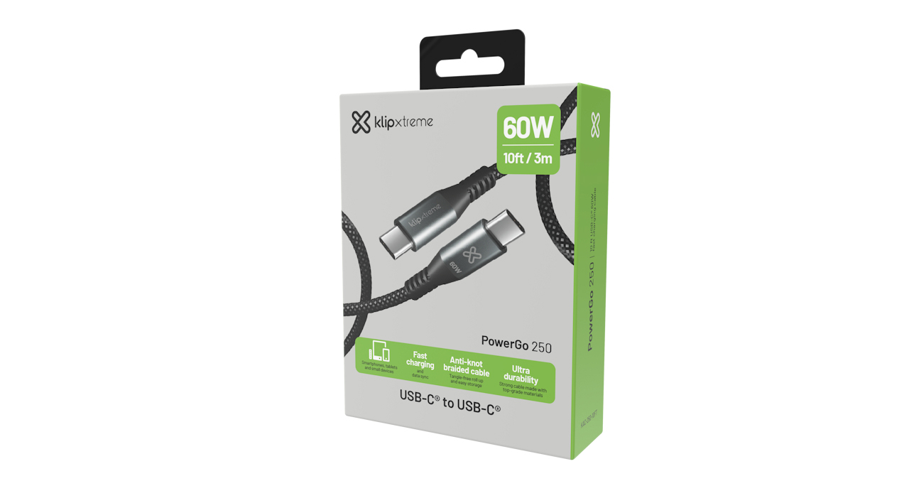 CABLE KLIP XTREME USB-C MACHO a USB-C MACHO 10 PIES (3.05m) CARGA RAPIDA 60W 480 MBPS