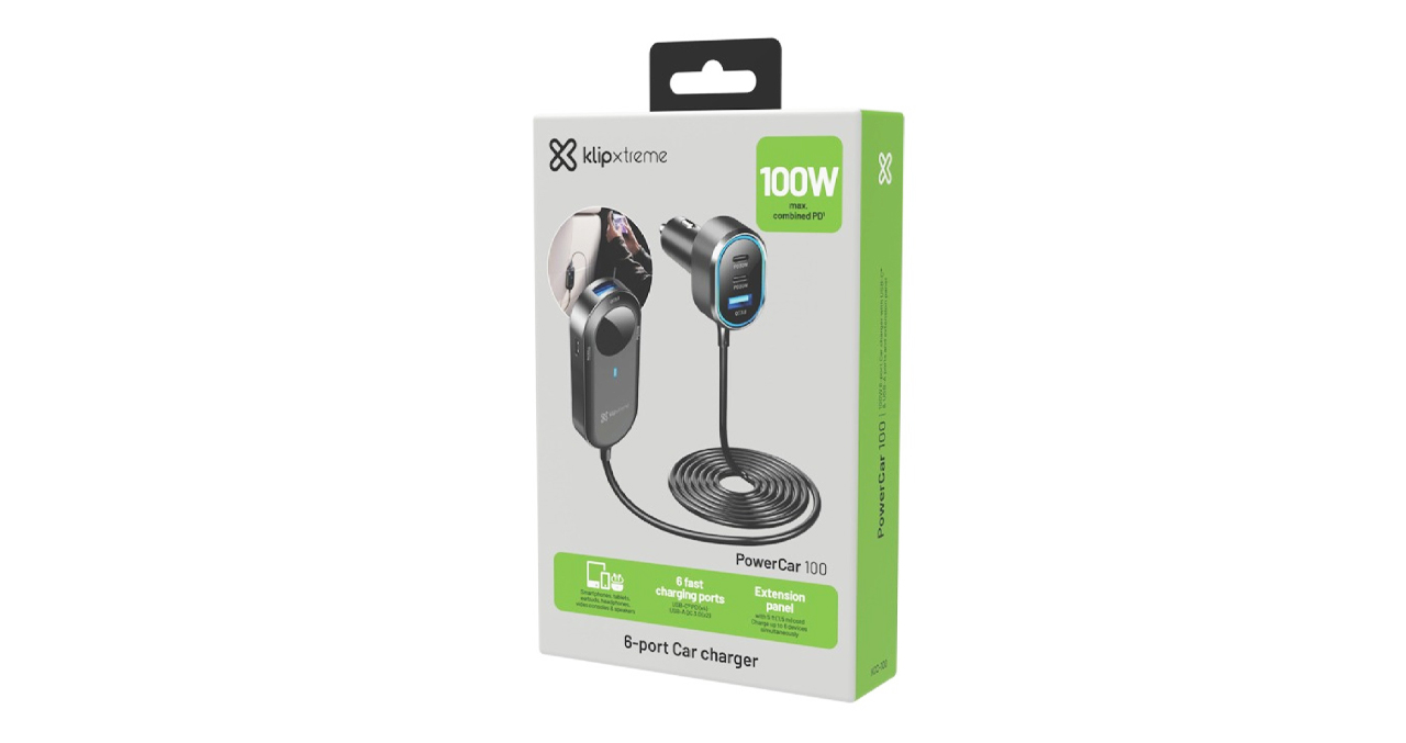 CARGADOR DE CARRO KLIP XTREME 100W EXTENSION CARGA RAPIDA HASTA LAPTOP 4 USB TIPO C - 2 USB TIPO A - 2