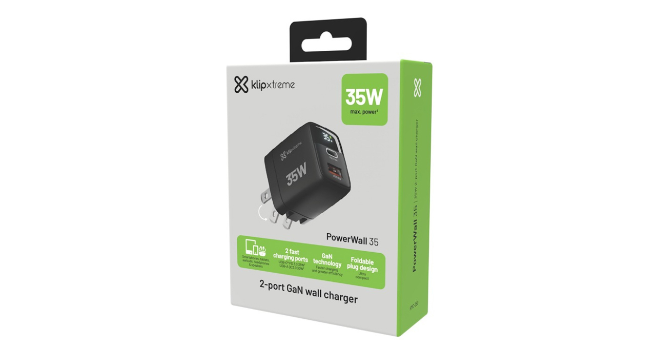 CARGADOR DE PARED KLIP XTREME LED 35W CARGA RAPIDA 1 USB TIPO C - 1 USB TIPO A - 2