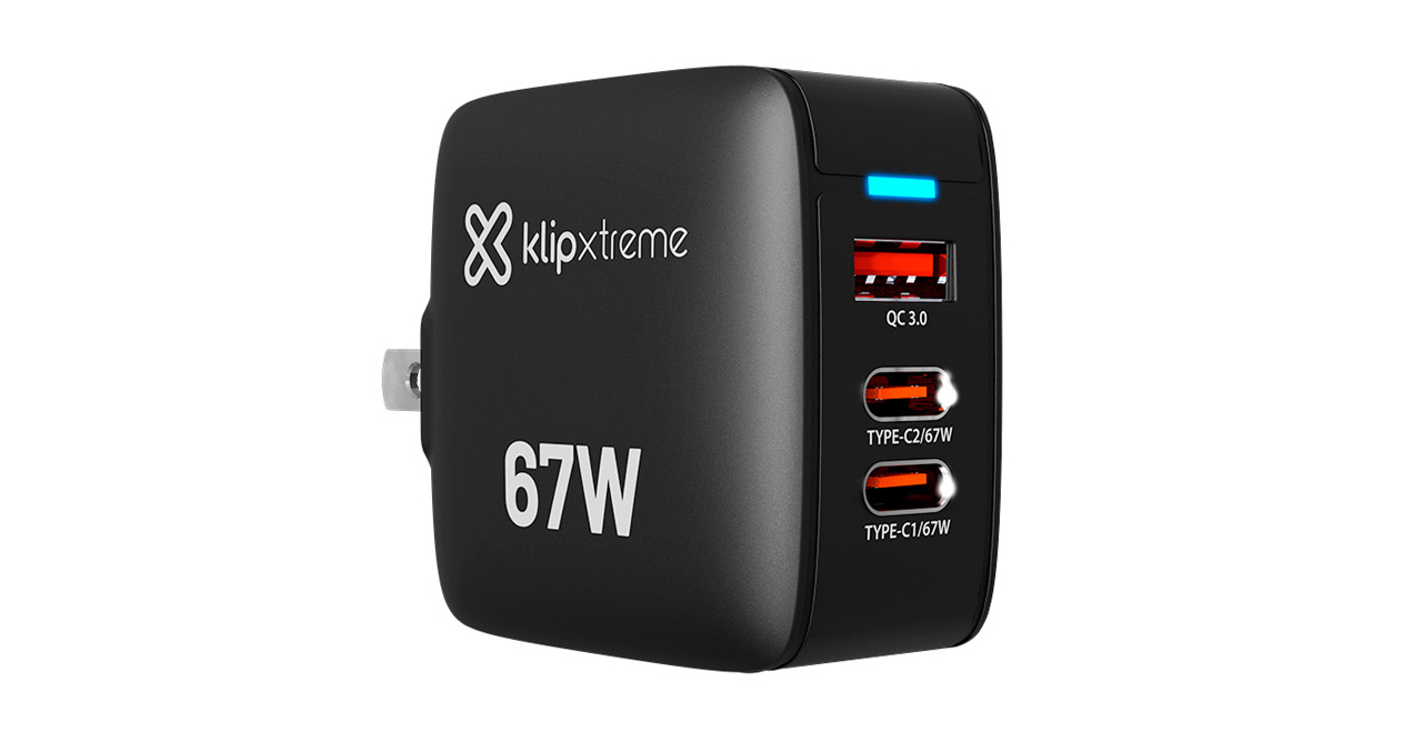 CARGADOR DE PARED KLIP XTREME 67W CARGA RAPIDA HASTA LAPTOP 2 USB TIPO C - 1 USB TIPO A