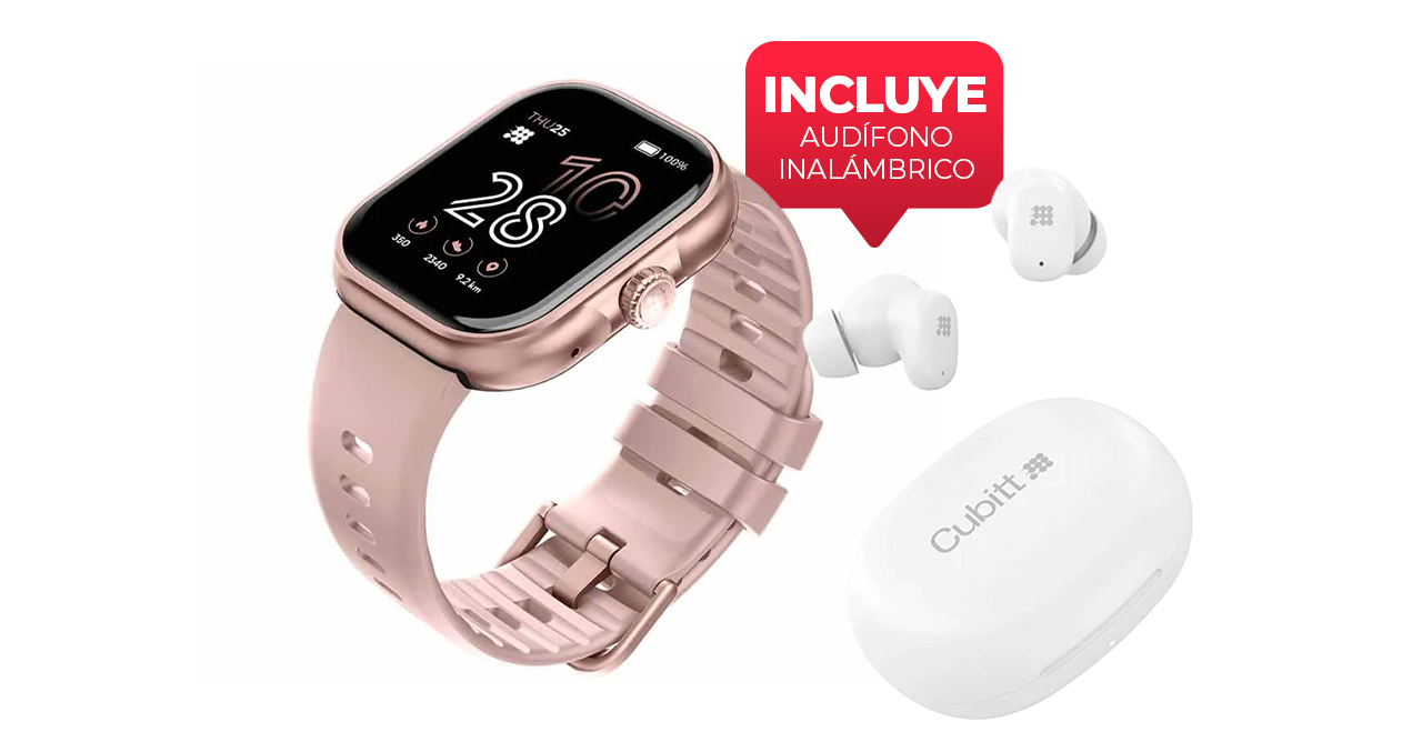 SMARTWATCH - RELOJ INTELIGENTE CUBITT VIVA PRO ROSADO+ AUDIFONO INALAMBRICO CUBITT BLANCO